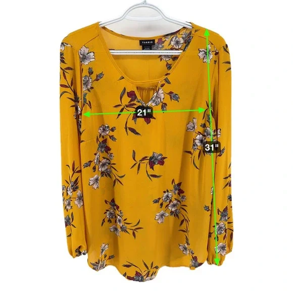 Torrid Womens Mustard Yellow Floral Keyhole Long Sleeve Blouse Top Size 1 - Picture 6 of 6